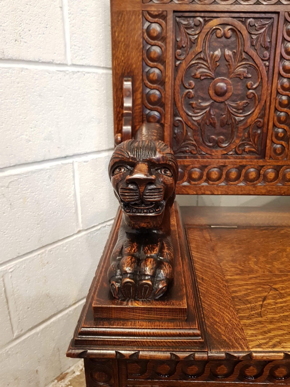 ANTIQUE LATE VICTORIAN CARVED OAK MONKS BOX BENCH C1890 View VI