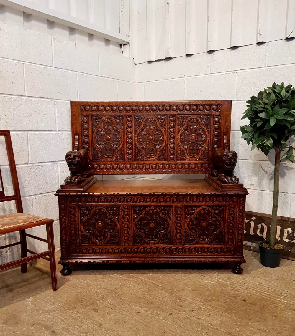 ANTIQUE LATE VICTORIAN CARVED OAK MONKS BOX BENCH C1890 View VII