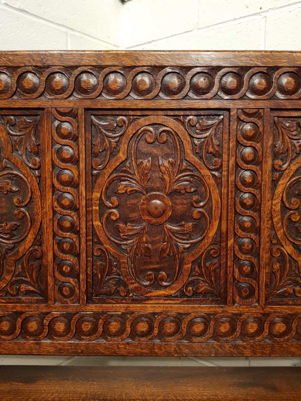 ANTIQUE LATE VICTORIAN CARVED OAK MONKS BOX BENCH C1890 View IX