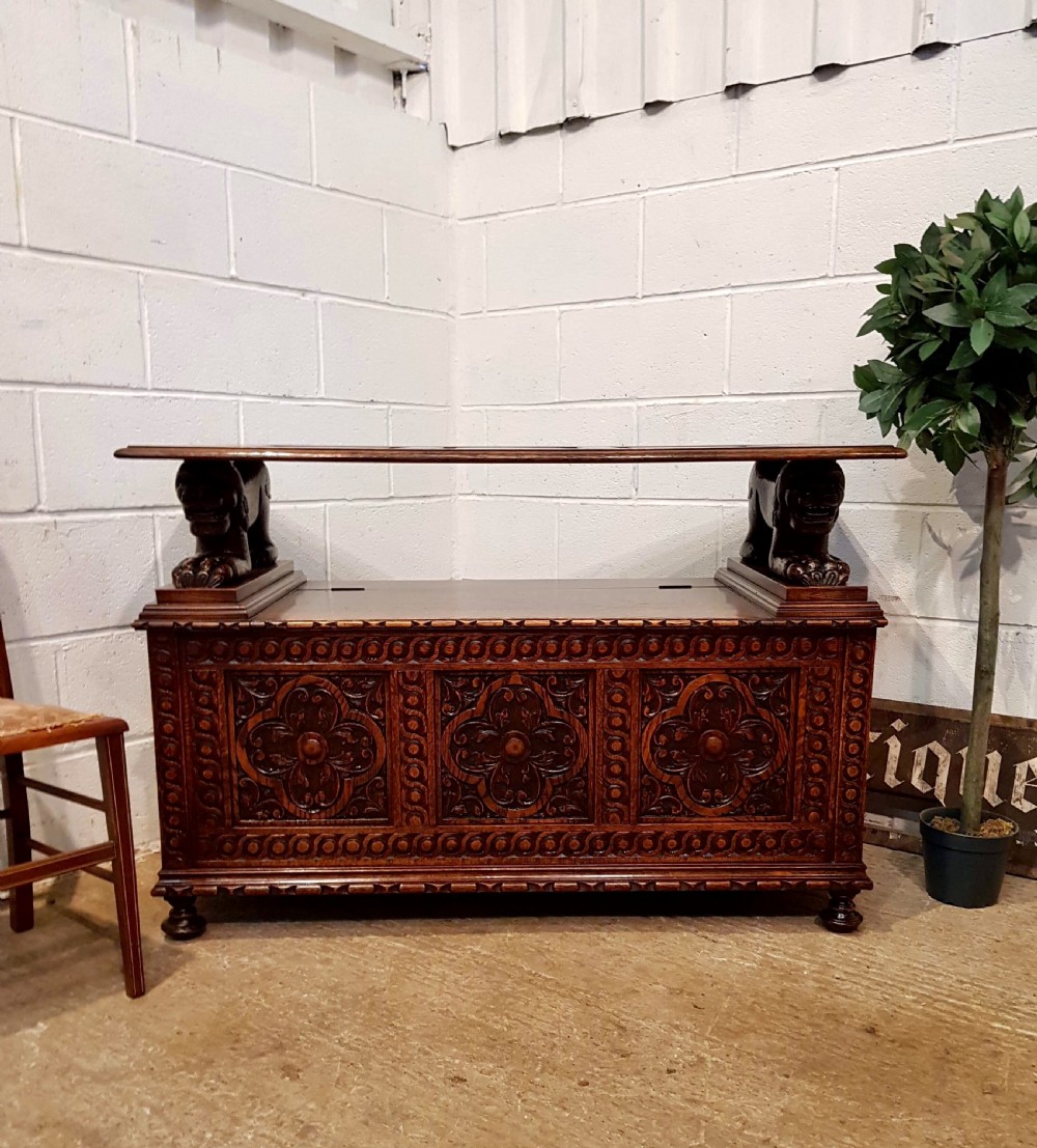 ANTIQUE LATE VICTORIAN CARVED OAK MONKS BOX BENCH C1890 View X