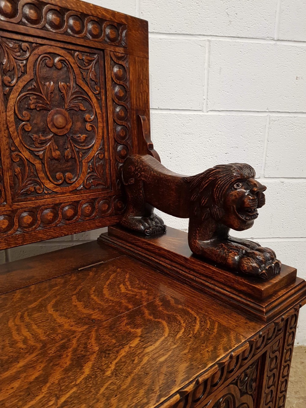 ANTIQUE LATE VICTORIAN CARVED OAK MONKS BOX BENCH C1890 View XI