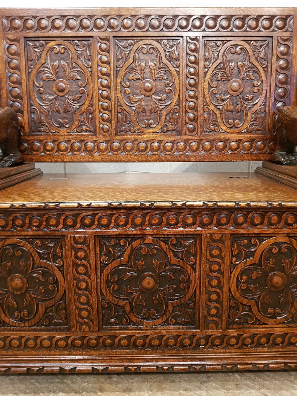 ANTIQUE LATE VICTORIAN CARVED OAK MONKS BOX BENCH C1890 View XII