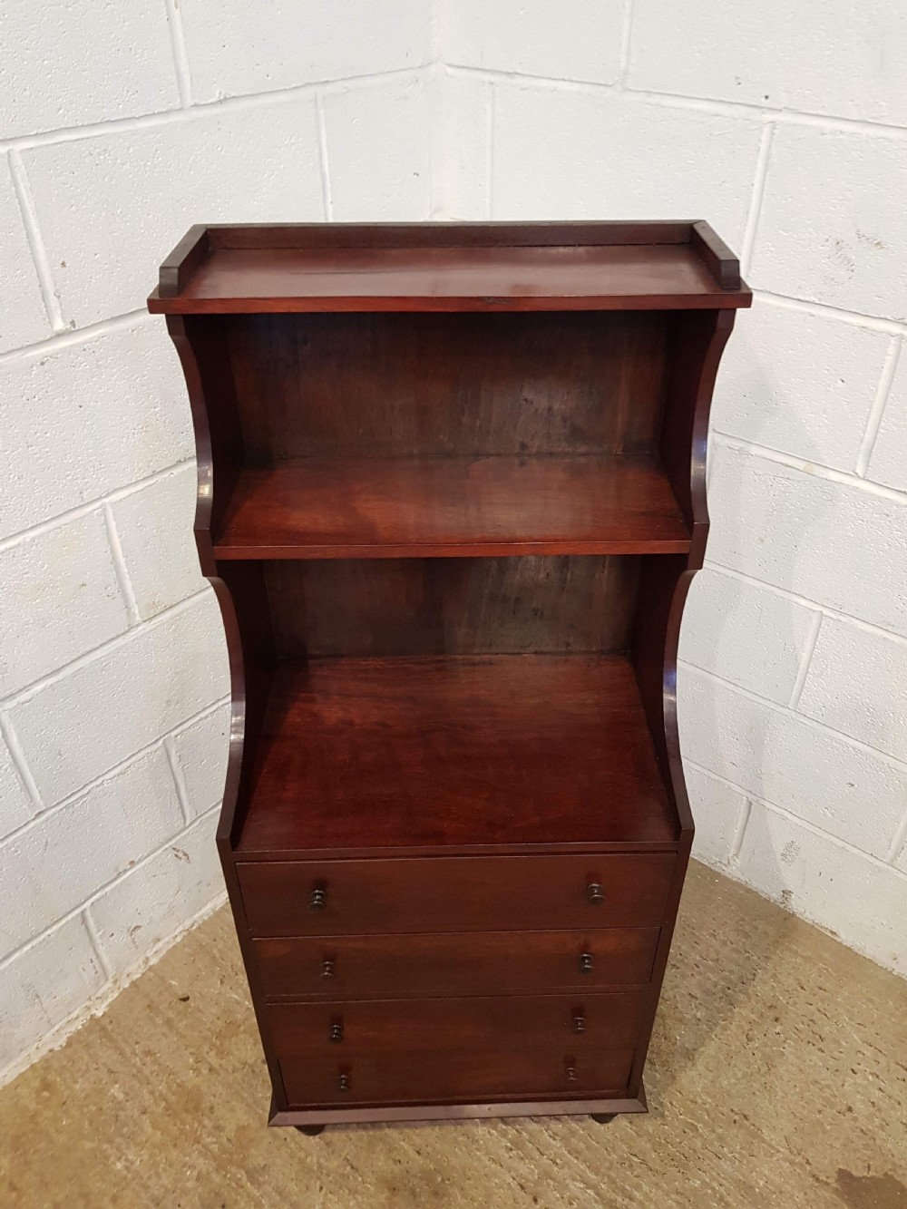 ANTIQUE EDWARDIAN MAHOGANY OPEN WATERFALL BOOKCASE ON CHEST OF DRAWERS  C1900 View V