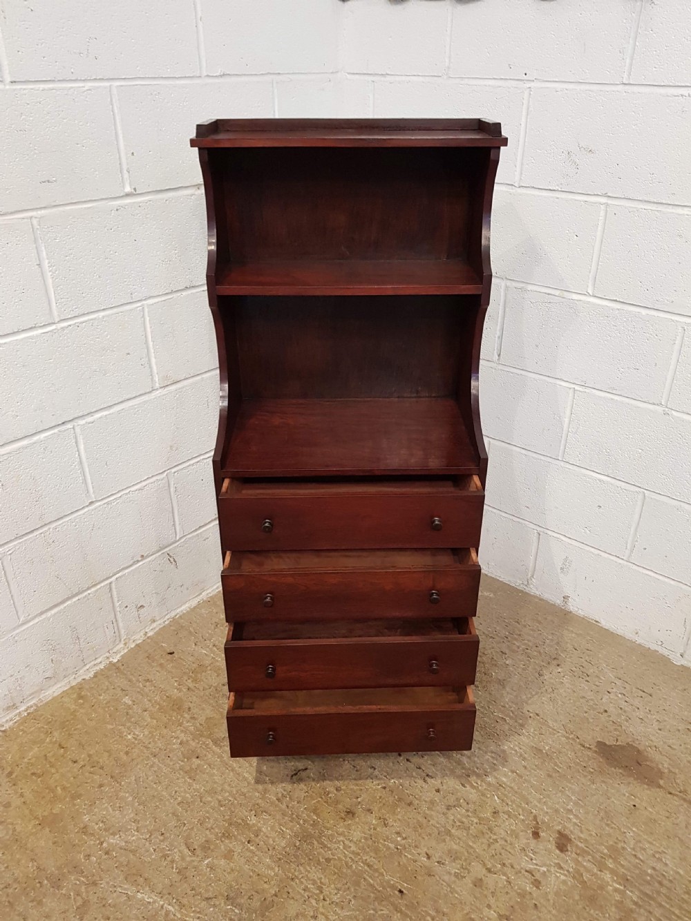 ANTIQUE EDWARDIAN MAHOGANY OPEN WATERFALL BOOKCASE ON CHEST OF DRAWERS  C1900 View VII