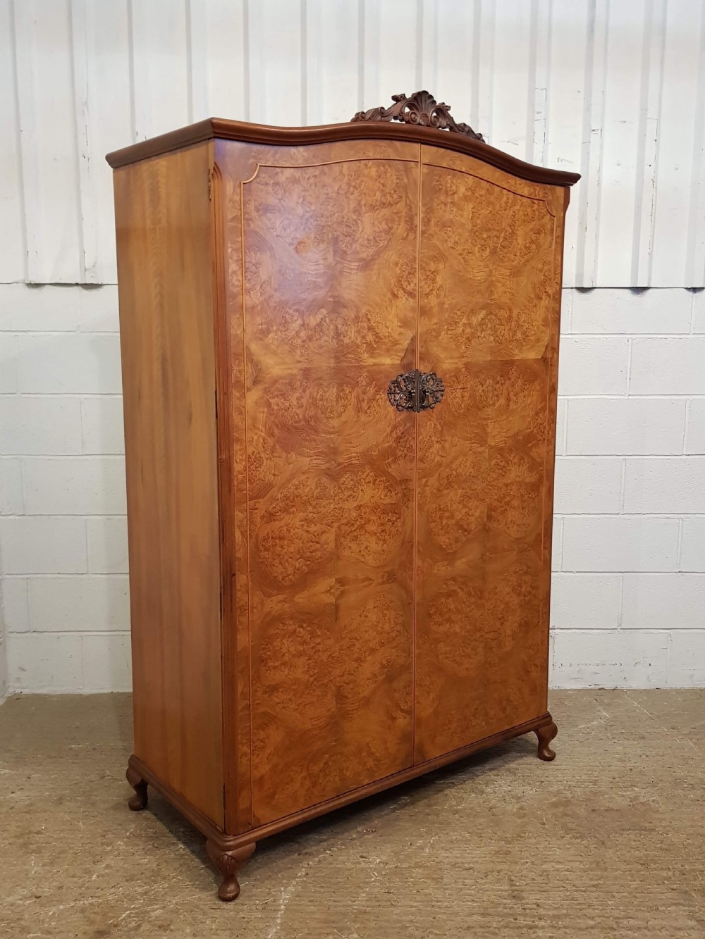 ANTIQUE PAIR QUEEN ANNE BURR WALNUT LADIES AND GENTS WARDROBES C 1920 View II