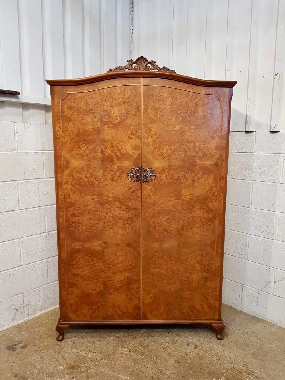 ANTIQUE PAIR QUEEN ANNE BURR WALNUT LADIES AND GENTS WARDROBES C 1920 View III