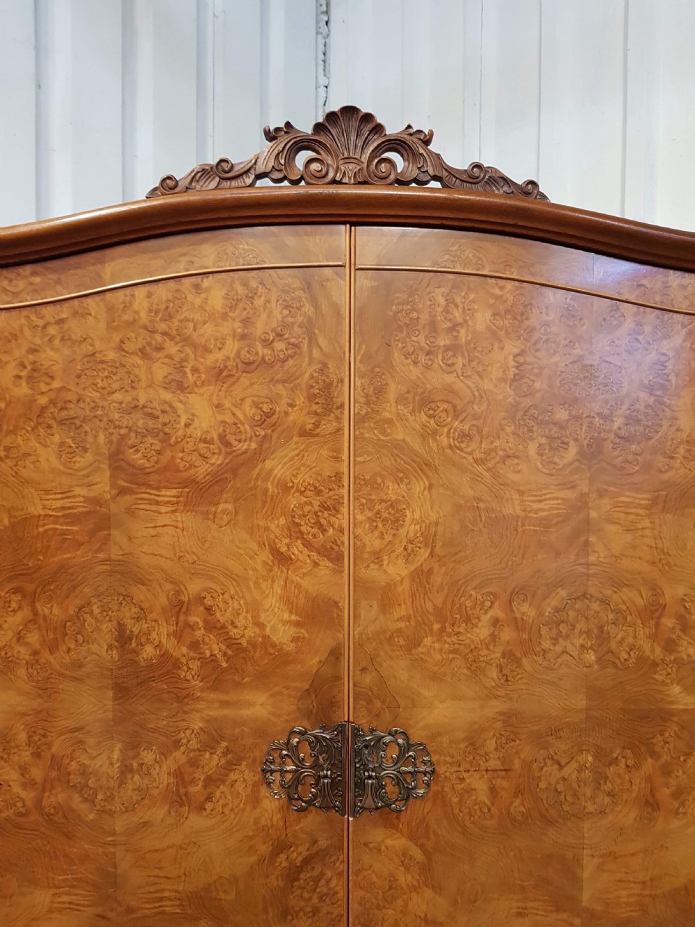 ANTIQUE PAIR QUEEN ANNE BURR WALNUT LADIES AND GENTS WARDROBES C 1920 View IV