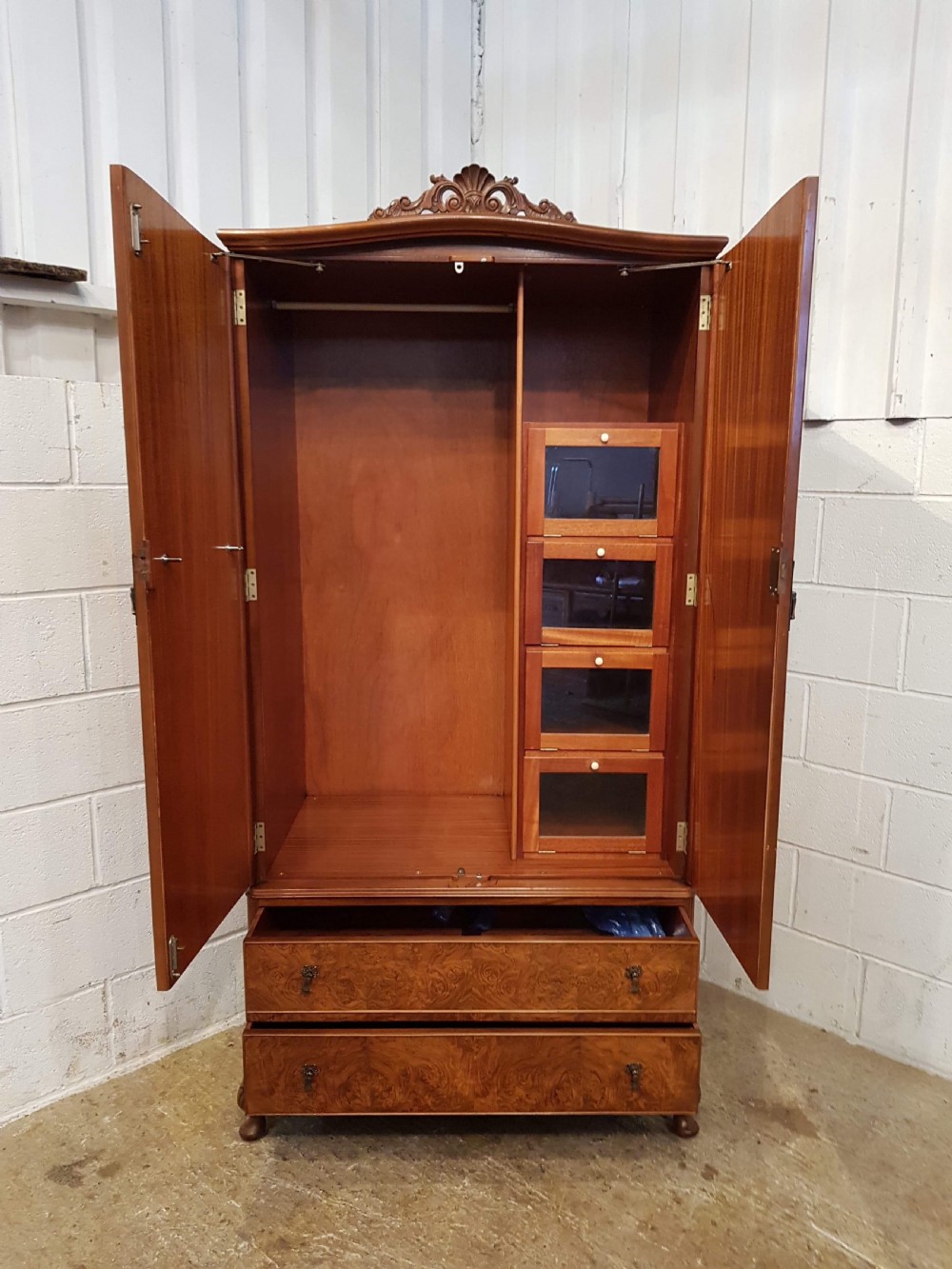ANTIQUE PAIR QUEEN ANNE BURR WALNUT LADIES AND GENTS WARDROBES C 1920 View VI