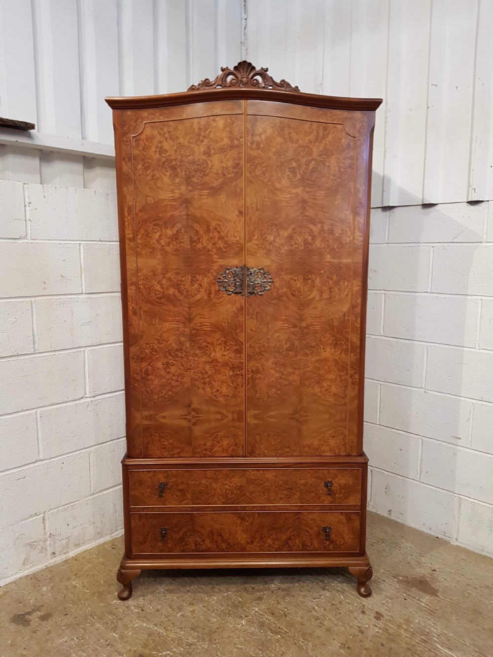 ANTIQUE PAIR QUEEN ANNE BURR WALNUT LADIES AND GENTS WARDROBES C 1920 View VII