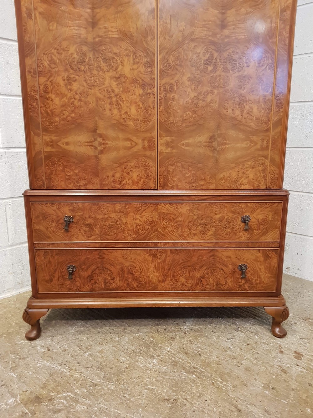 ANTIQUE PAIR QUEEN ANNE BURR WALNUT LADIES AND GENTS WARDROBES C 1920 View VIII