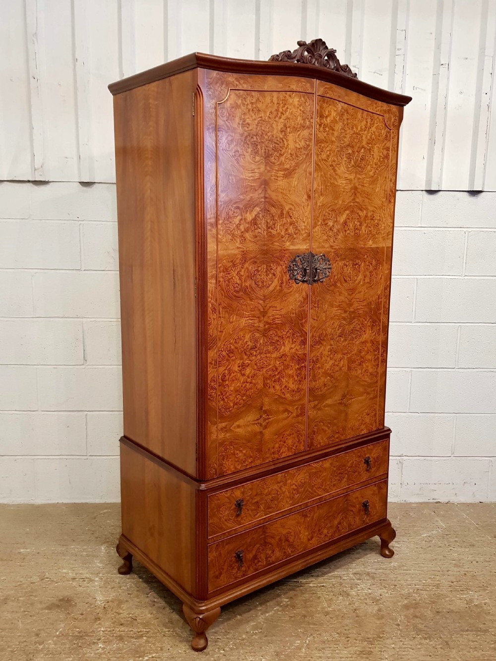 ANTIQUE PAIR QUEEN ANNE BURR WALNUT LADIES AND GENTS WARDROBES C 1920 View IX