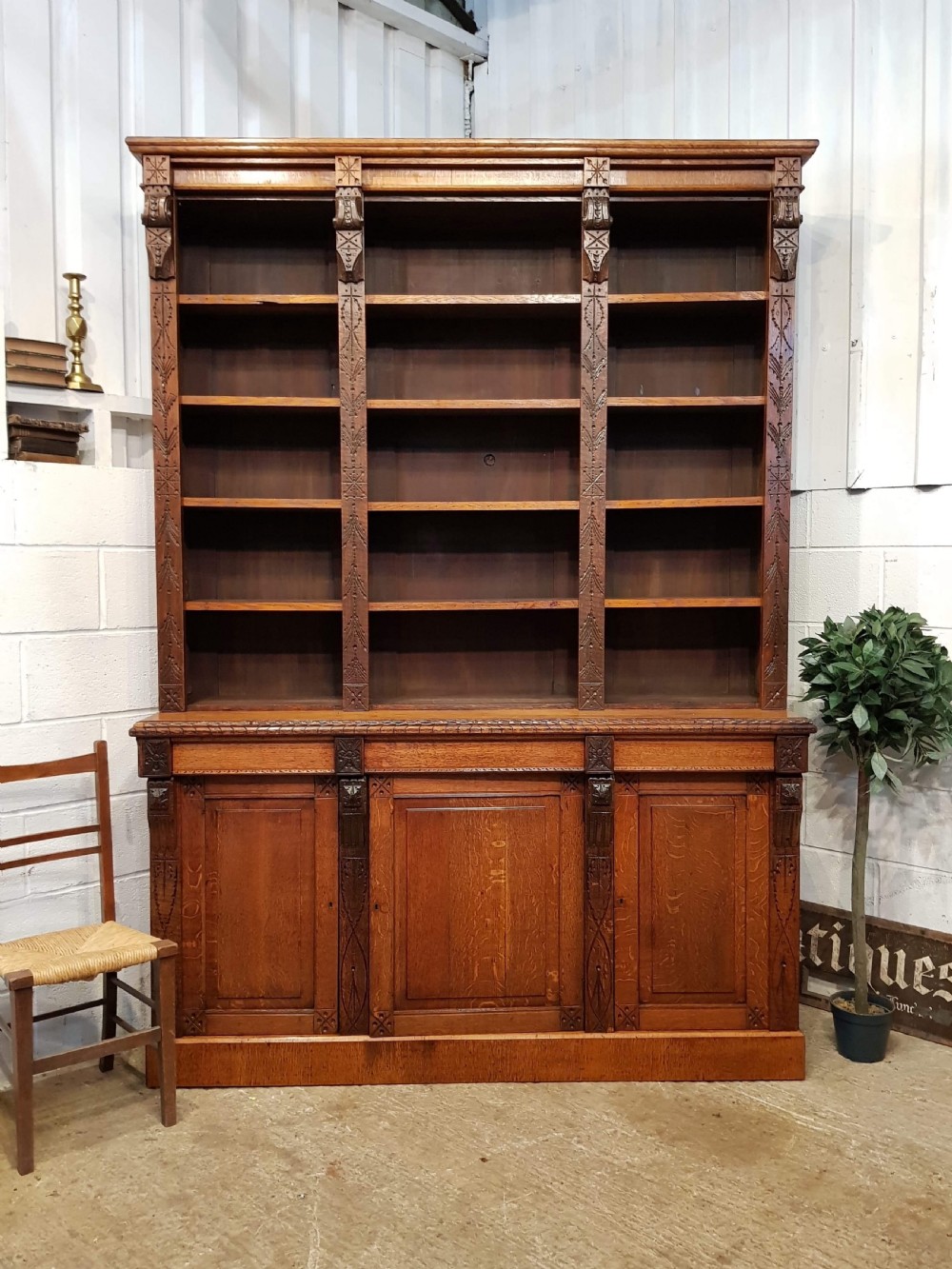 ANTIQUE LATE VICTORIAN AESTHETIC LARGE OAK LIBRARY BOOKCASE C1890