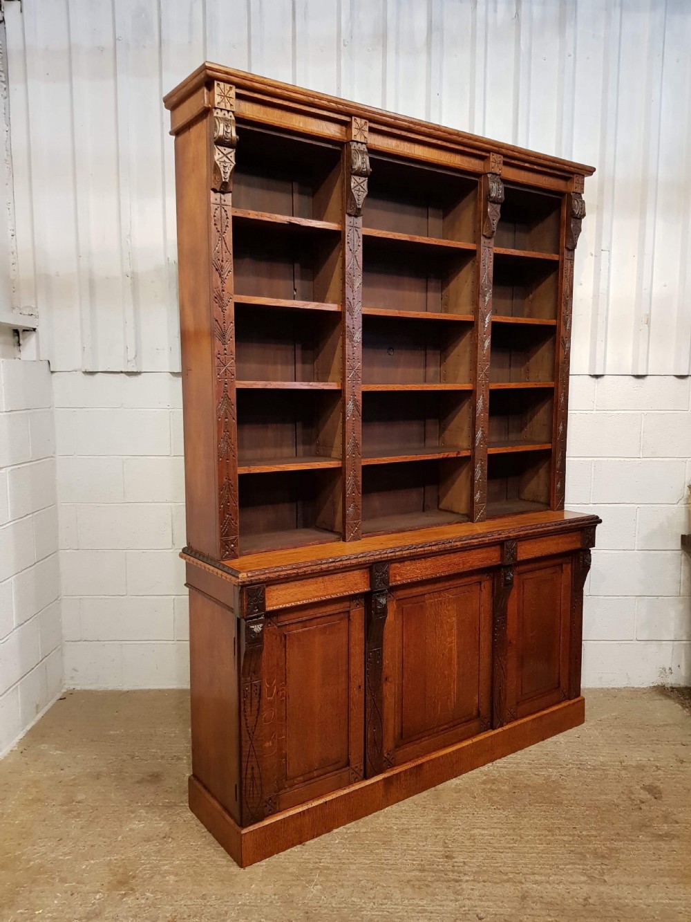 ANTIQUE LATE VICTORIAN AESTHETIC LARGE OAK LIBRARY BOOKCASE C1890 View IV