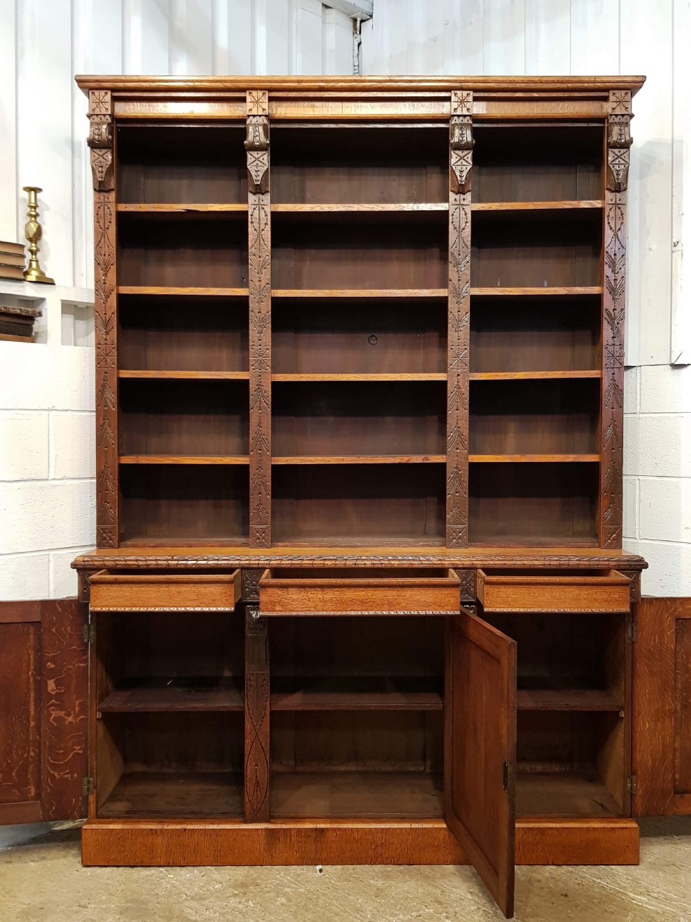 ANTIQUE LATE VICTORIAN AESTHETIC LARGE OAK LIBRARY BOOKCASE C1890 View VI