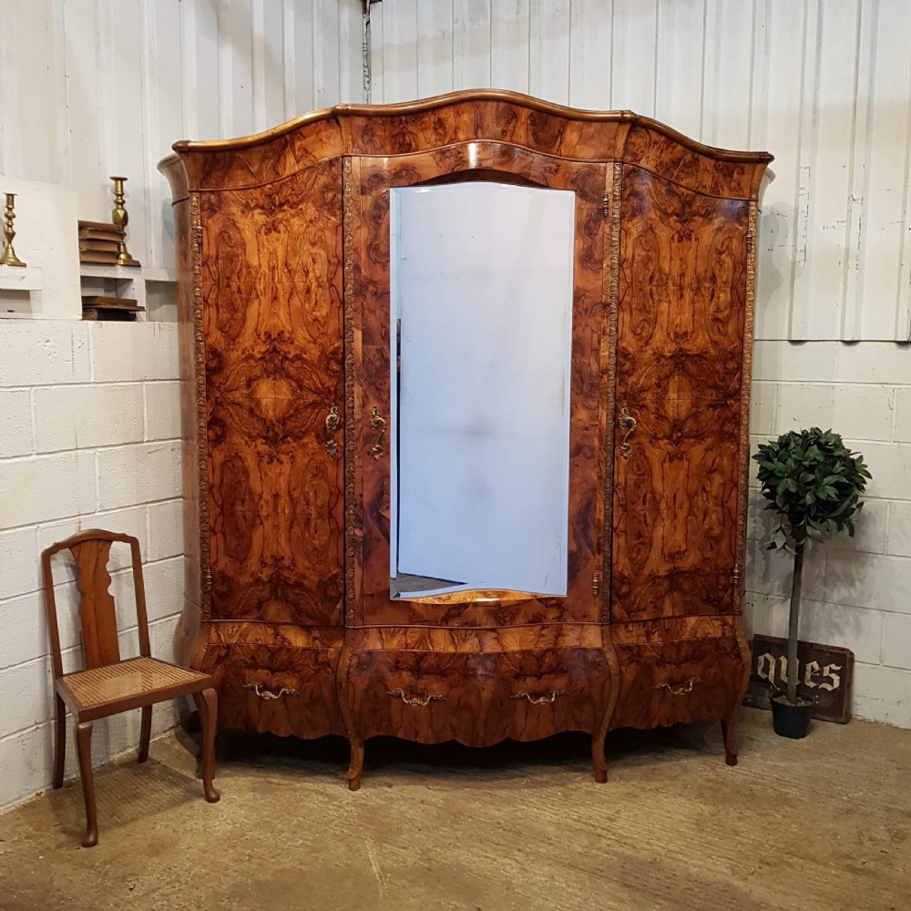 ANTIQUE LARGE FRENCH BURR WALNUT BOMBE ARMOIRE C1900