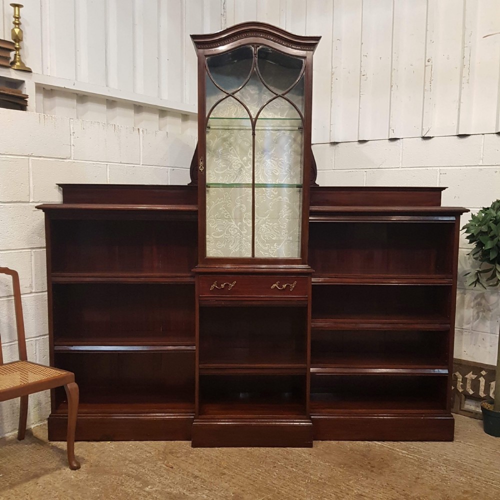 ANTIQUE ART NOUVEAU MAHOGANY ASTRAGAL GLAZED CABINET WITH OPEN BOOKCASE C1890