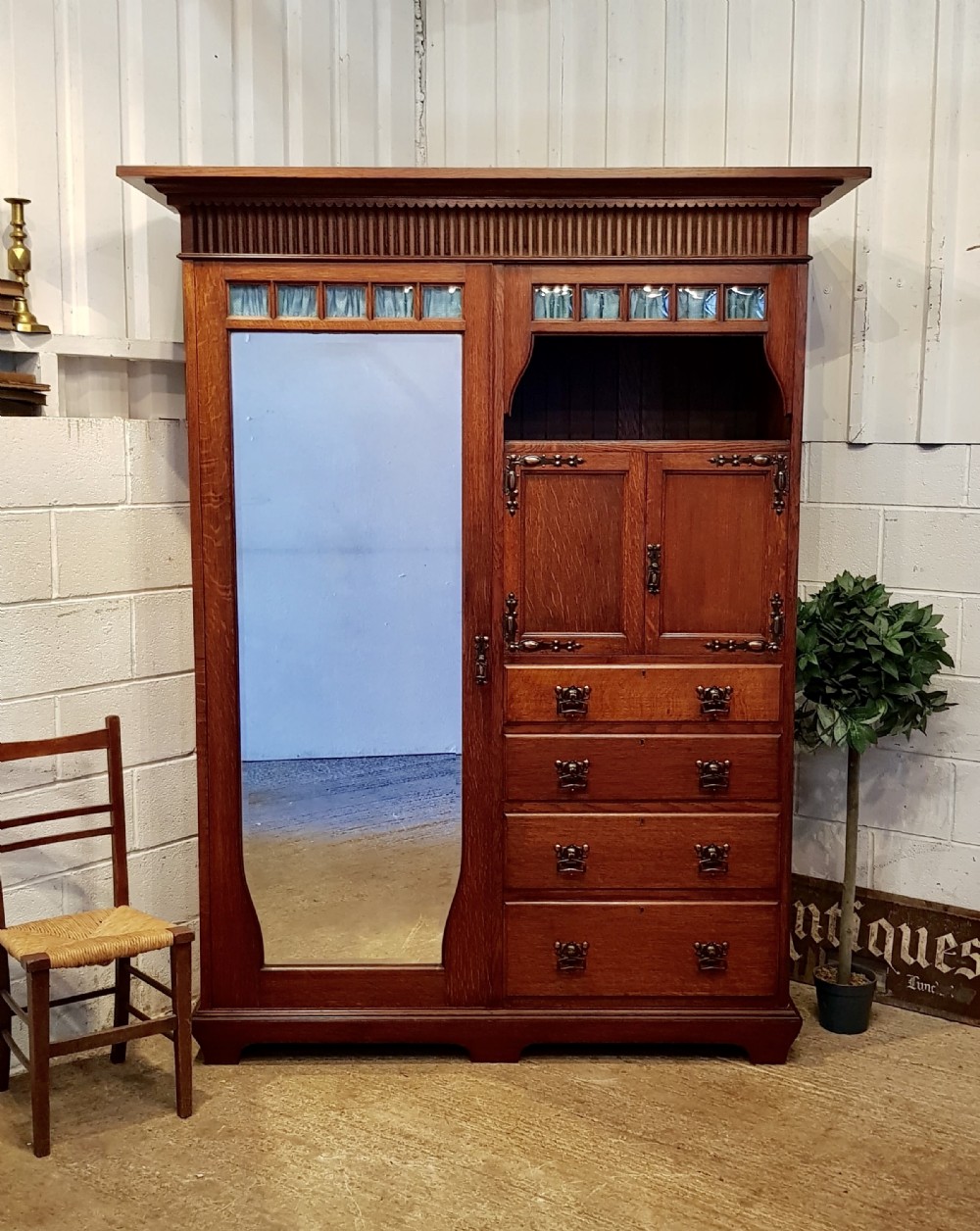 ANTIQUE ARTS & CRAFTS OAK WARDROBE COMPACTUM BY LIBERTY & CO C1890