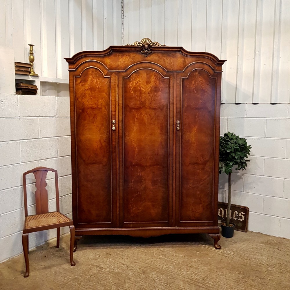 ANTIQUE BURR WALNUT TRIPLE WARDROBE C1920