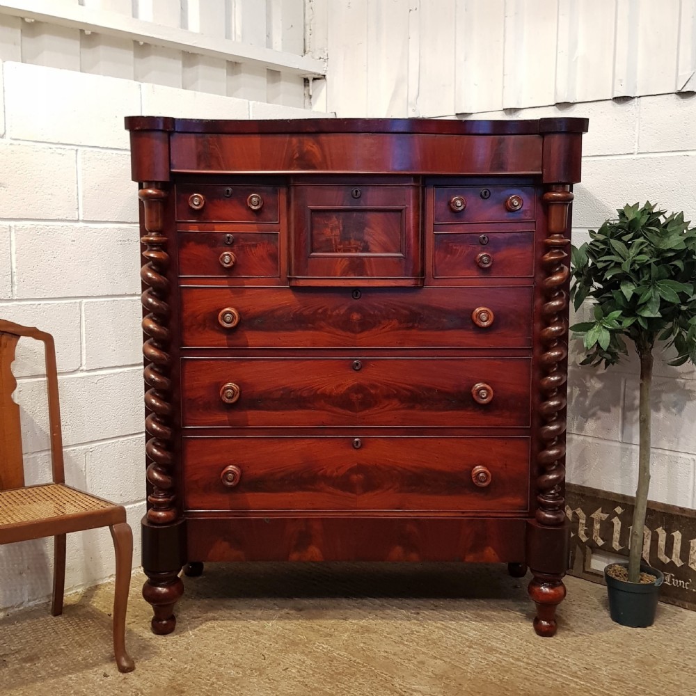 ANTIQUE VICTORIAN FLAMED MAHOGANY SCOTCH CHEST OF DRAWERS C1870