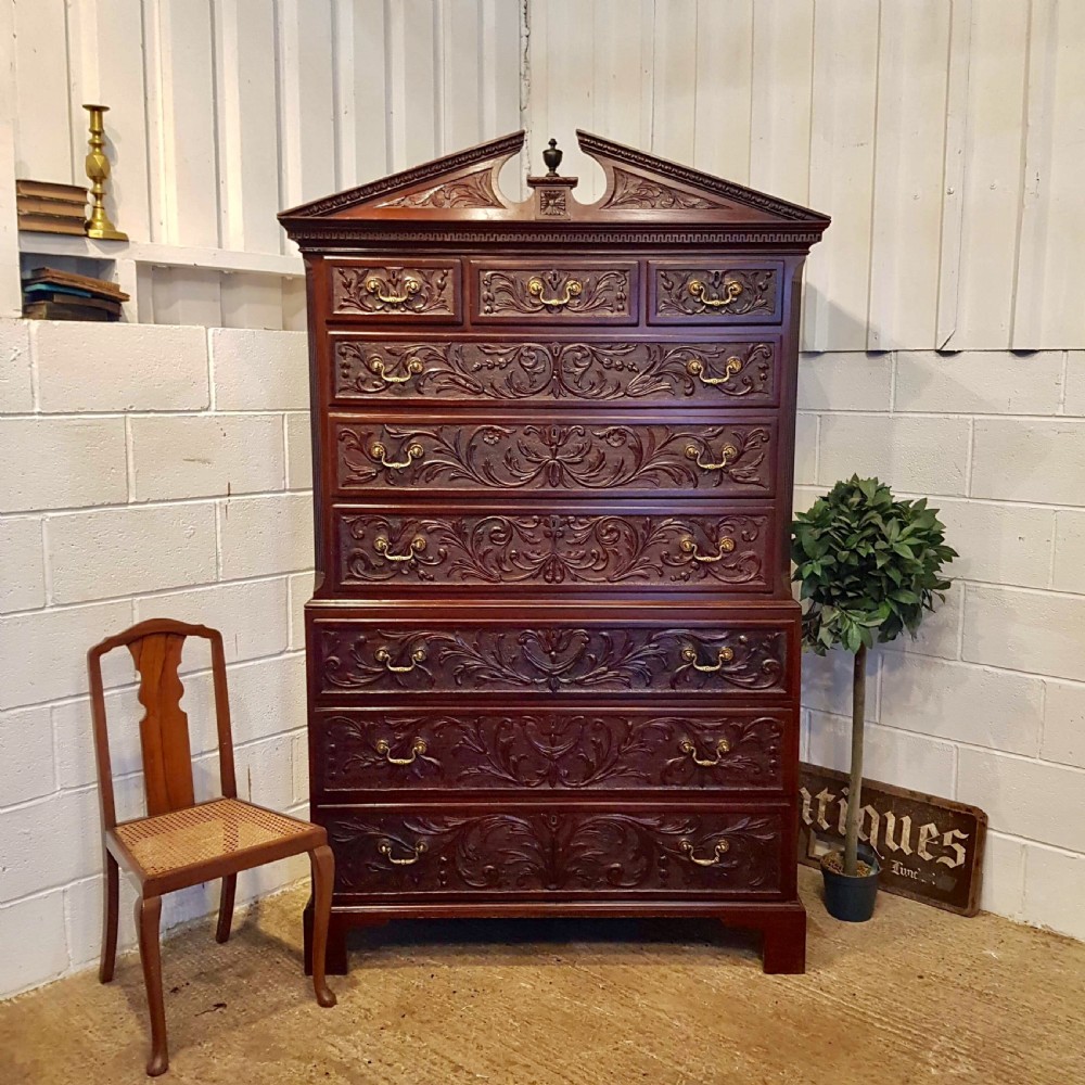 ANTIQUE REGENCY MAHOGANY CARVED CHEST ON CHEST C1820