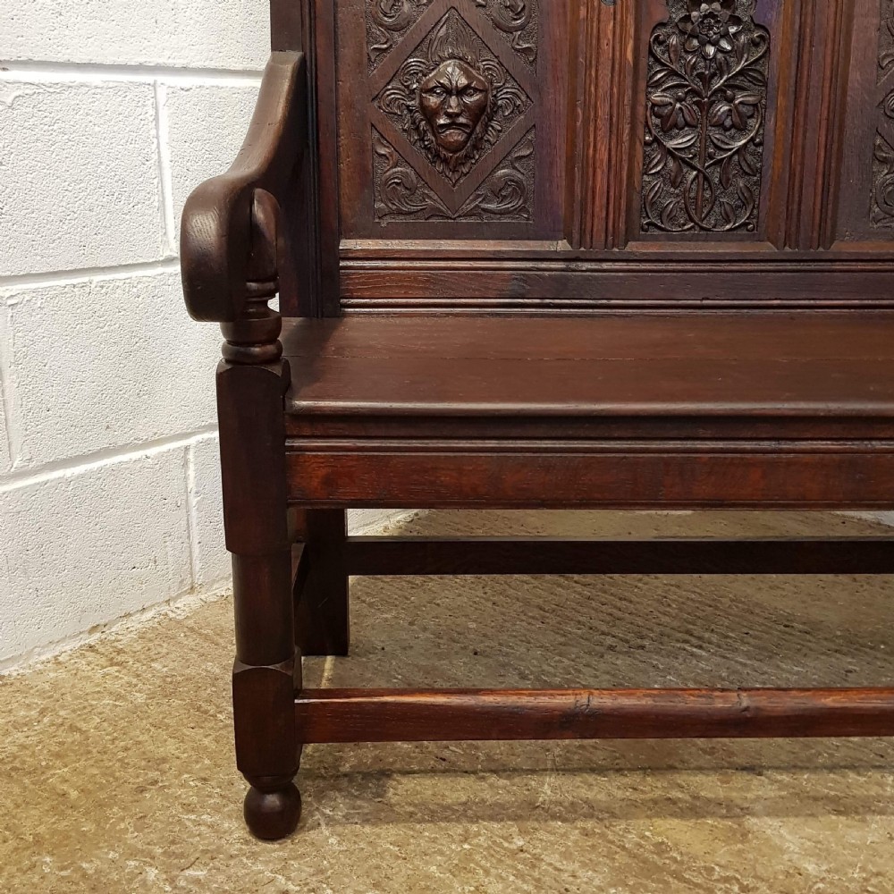 ANTIQUE LATE 18TH CENTURY SMALL CARVED OAK SETTLE C1790 View VIII