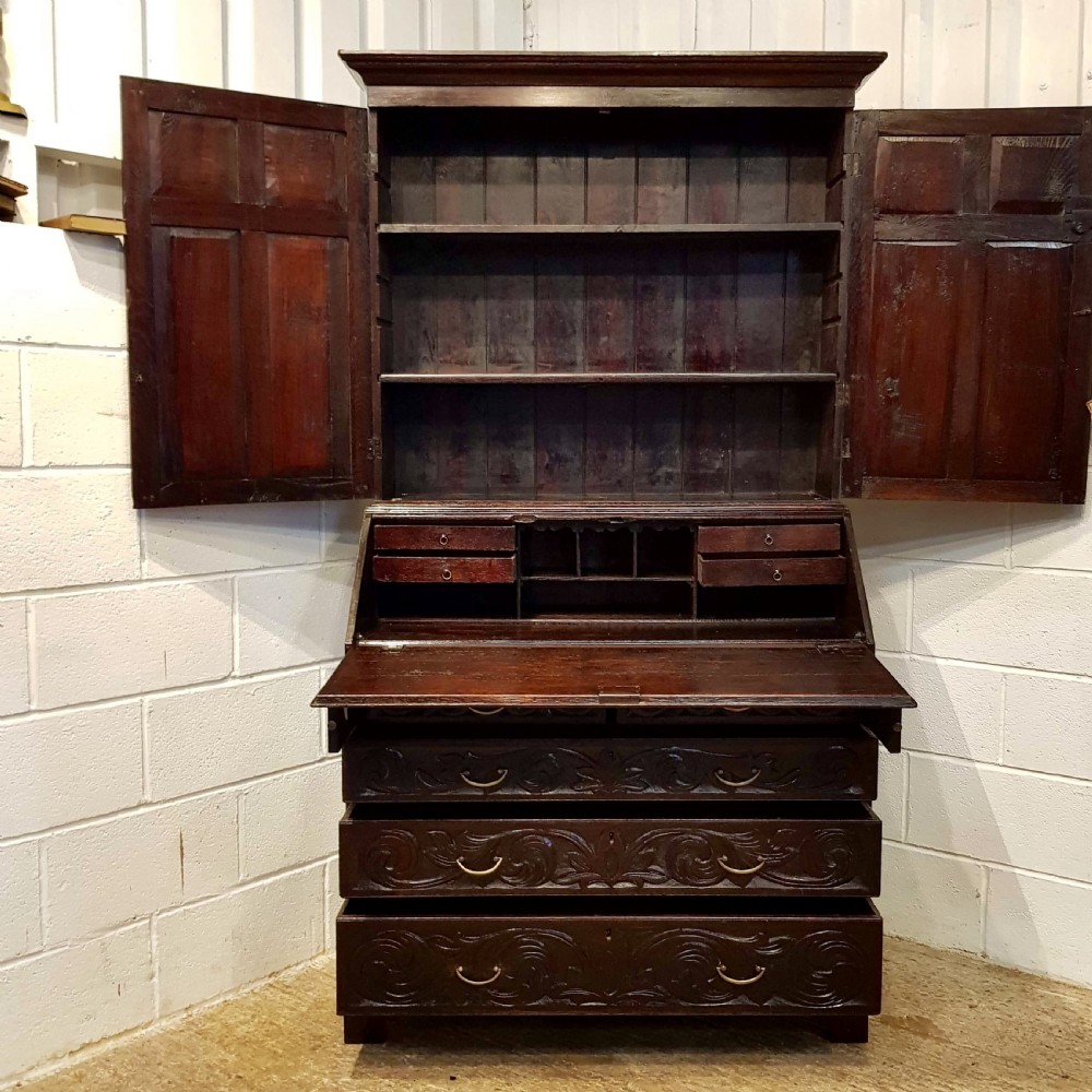 ANTIQUE GEORGIAN PERIOD CARVED OAK BUREAU BOOKCASE C1780 View II