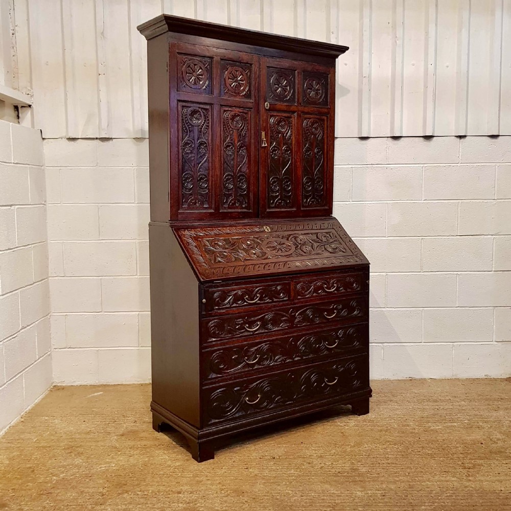 ANTIQUE GEORGIAN PERIOD CARVED OAK BUREAU BOOKCASE C1780 View III