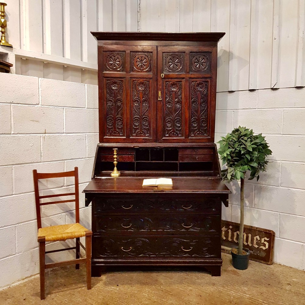 ANTIQUE GEORGIAN PERIOD CARVED OAK BUREAU BOOKCASE C1780 View IV