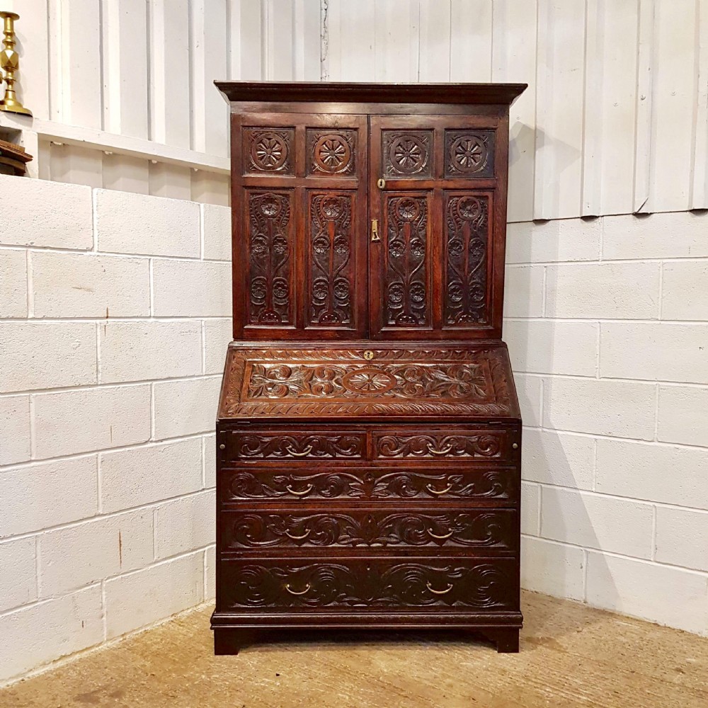 ANTIQUE GEORGIAN PERIOD CARVED OAK BUREAU BOOKCASE C1780 View V