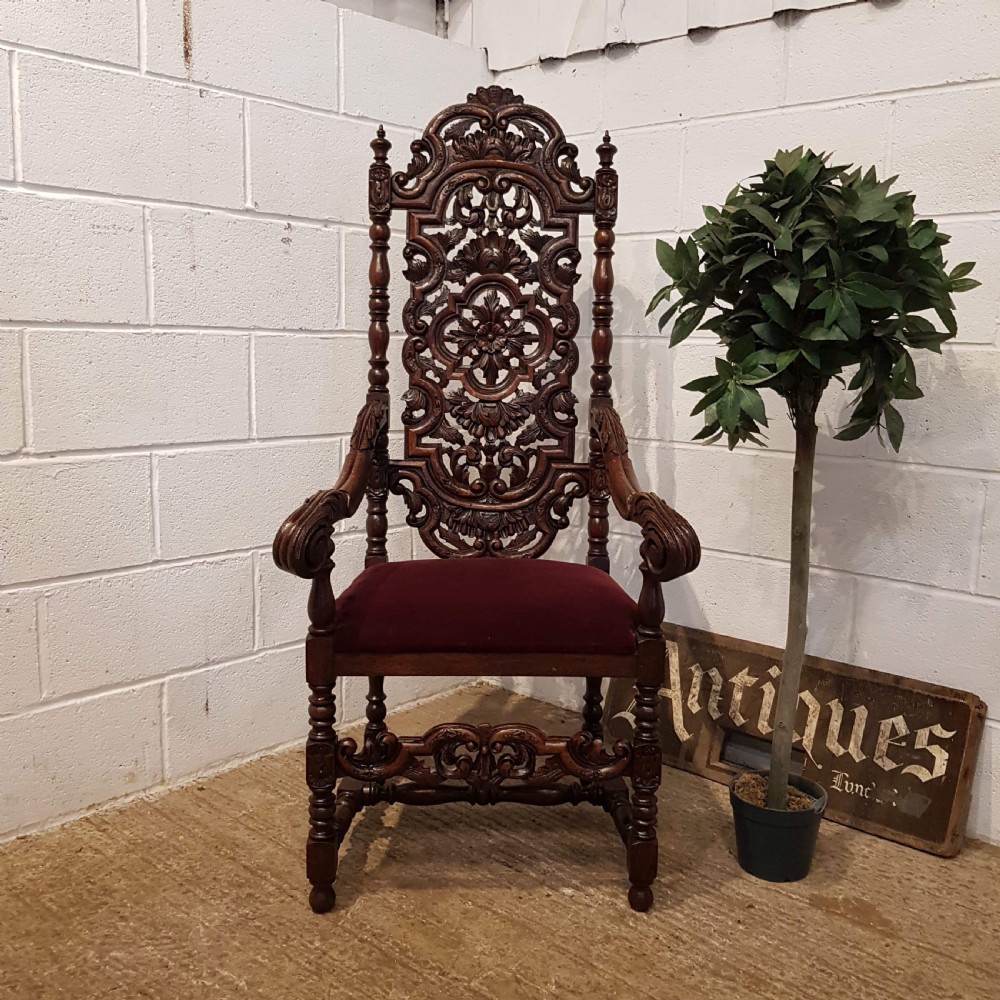 ANTIQUE VICTORIAN CARVED OAK THRONE CHAIR C1860