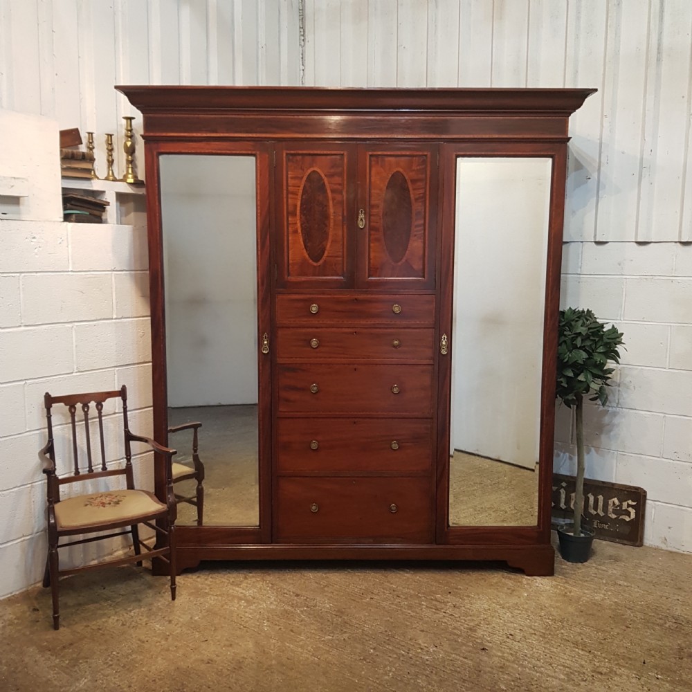 ANTIQUE EDWARDIAN INLAID MAHOGANY TRIPLE  WARDROBE C1900