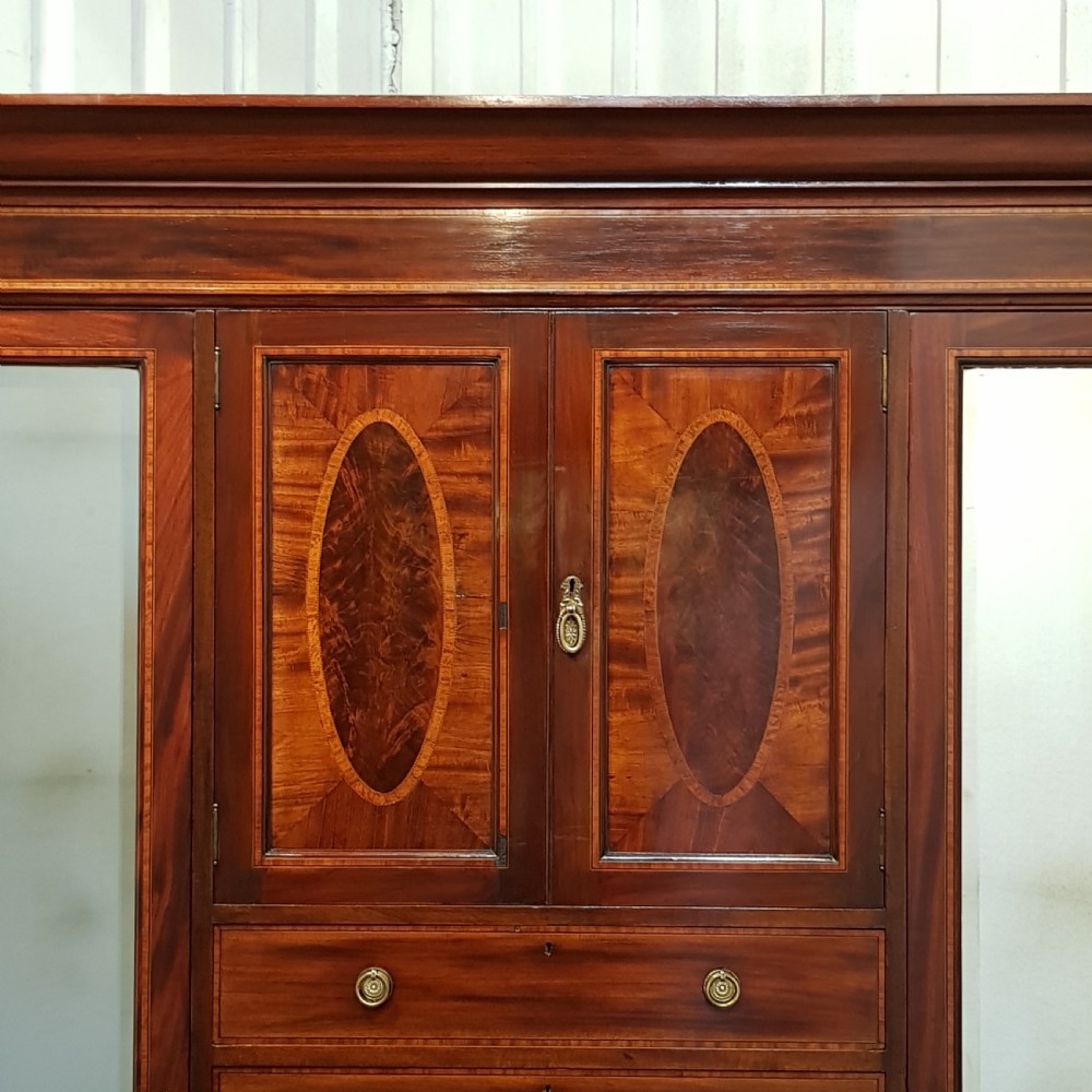ANTIQUE EDWARDIAN INLAID MAHOGANY TRIPLE  WARDROBE C1900 View V