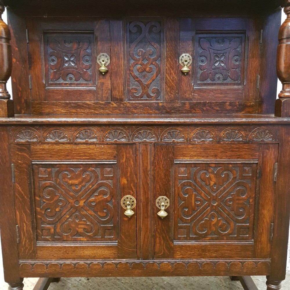 ANTIQUE EDWARDIAN CARVED OAK DWARF COURT CUPBOARD C190 View V