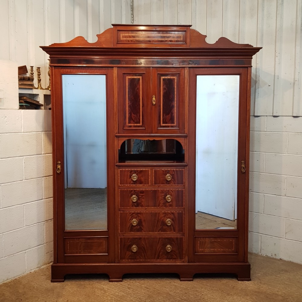 ANTIQUE ART NOUVEAU INLAID MAHOGANY TRIPLE WARDROBE COMPACTUM C1890 View II