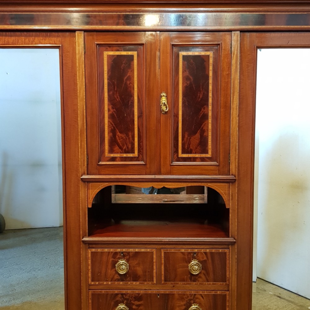 ANTIQUE ART NOUVEAU INLAID MAHOGANY TRIPLE WARDROBE COMPACTUM C1890 View III