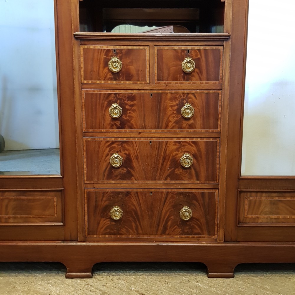 ANTIQUE ART NOUVEAU INLAID MAHOGANY TRIPLE WARDROBE COMPACTUM C1890 View IV