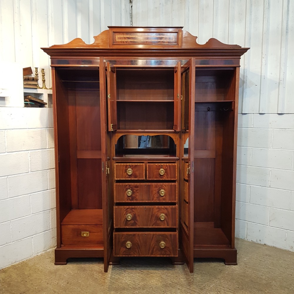 ANTIQUE ART NOUVEAU INLAID MAHOGANY TRIPLE WARDROBE COMPACTUM C1890 View VI