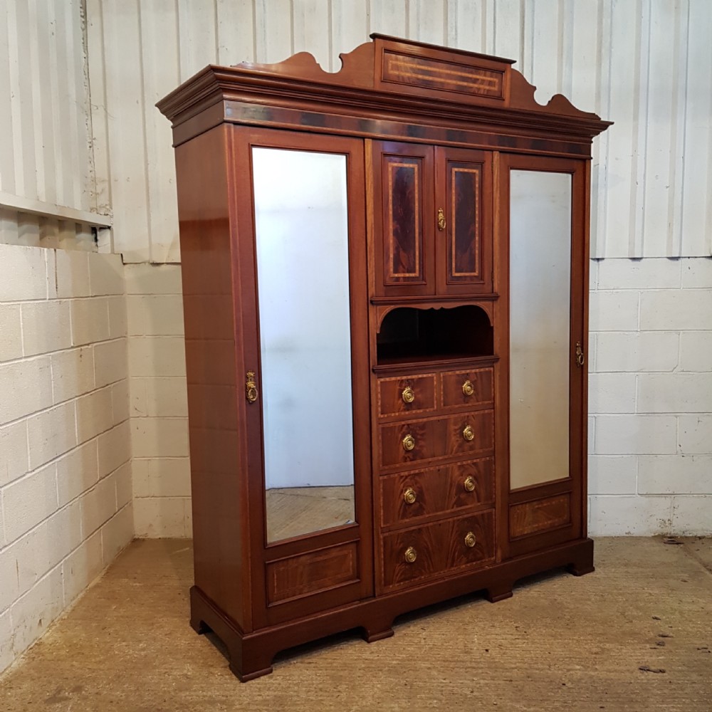 ANTIQUE ART NOUVEAU INLAID MAHOGANY TRIPLE WARDROBE COMPACTUM C1890 View VII
