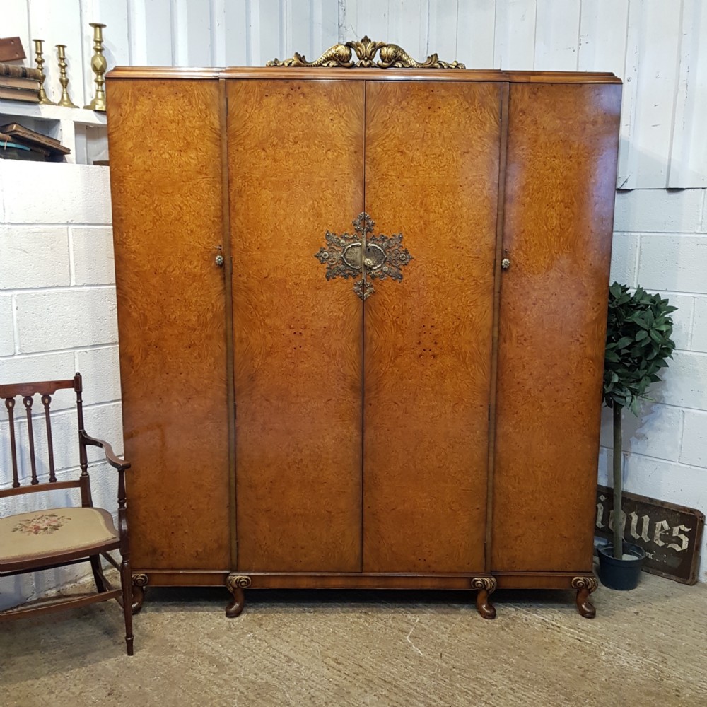 ANTIQUE BURR WALNUT LOUIS XV1 FOUR DOOR TRIPLE WARDROBE BY DENBY & SPINKS C1920
