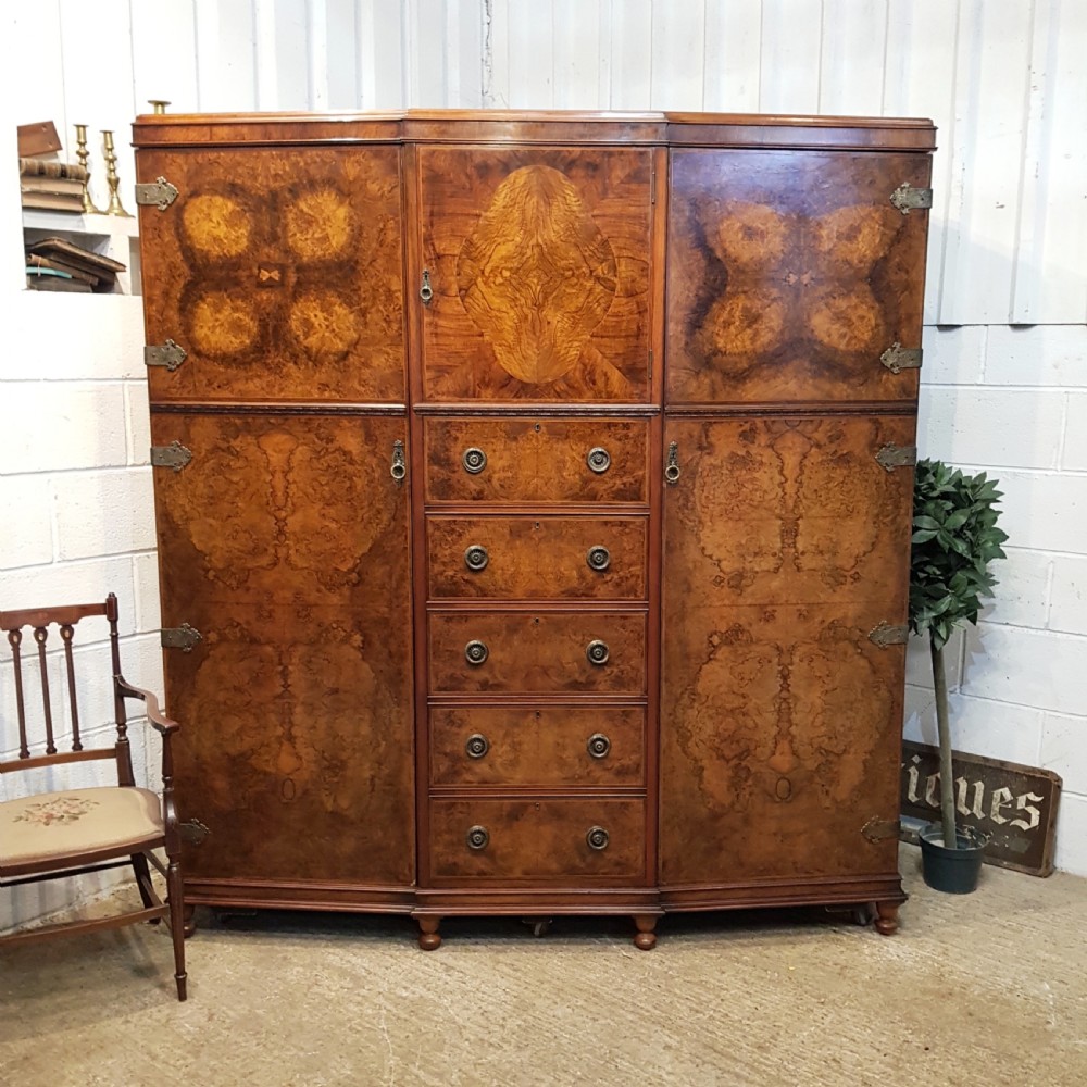 ANTIQUE BURR WALNUT TRIPLE WARDROBE C1920