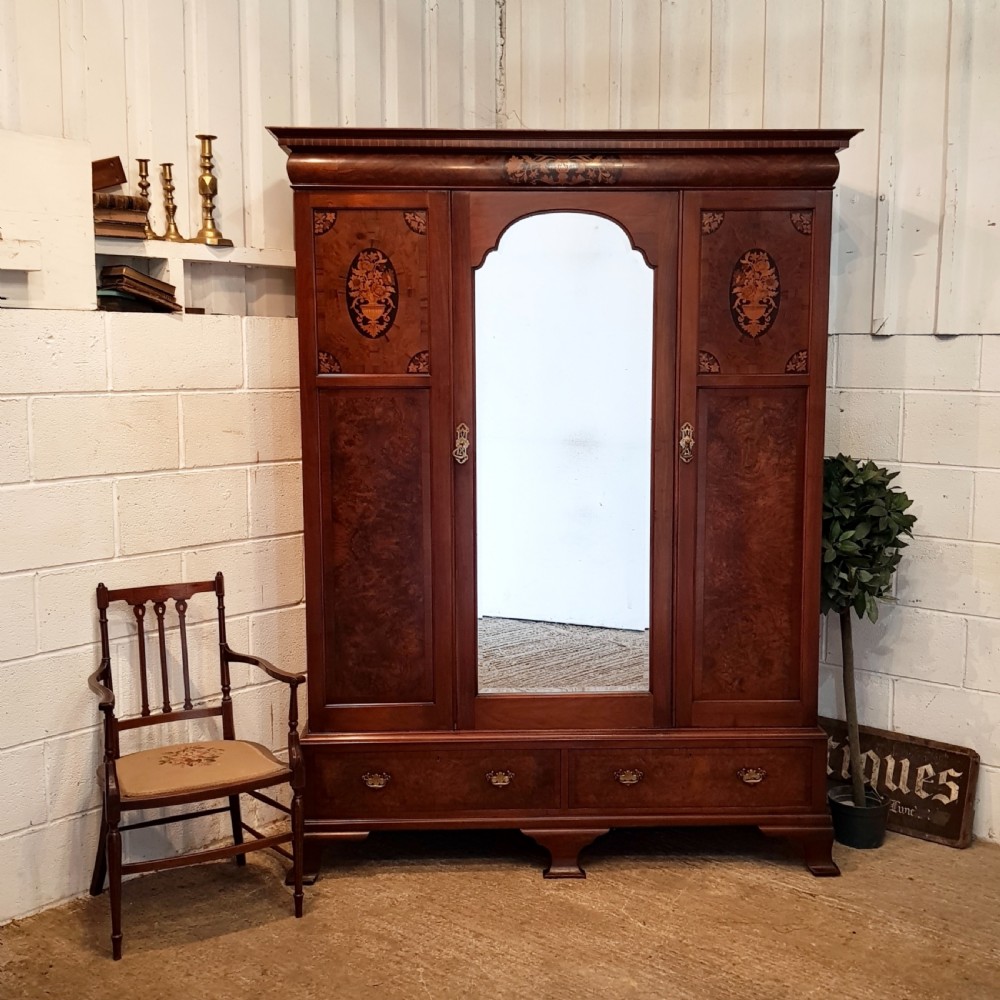ANTIQUE EDWARDIAN INLAID BURR WALNUT TRIPLE WARDROBE C 1900