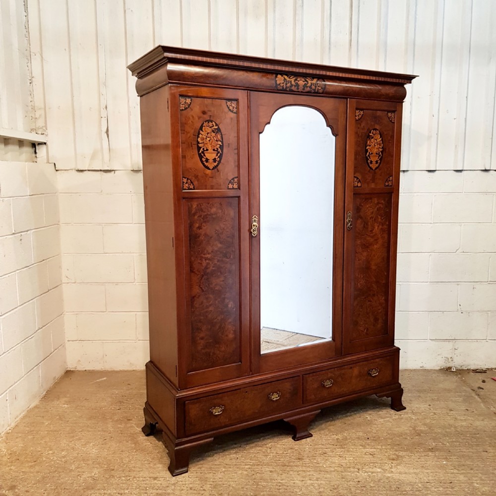 ANTIQUE EDWARDIAN INLAID BURR WALNUT TRIPLE WARDROBE C 1900 View IX