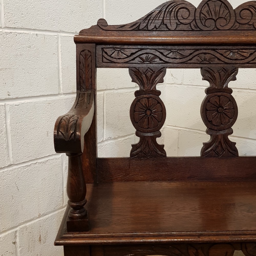 ANTIQUE VICTORIAN CARVED OAK SMALL HALL SEAT BENCH C1880 View III