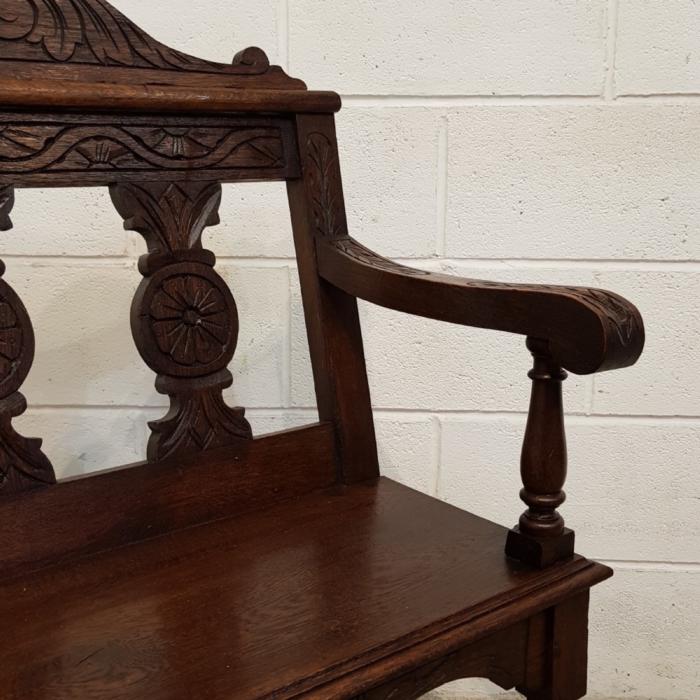 ANTIQUE VICTORIAN CARVED OAK SMALL HALL SEAT BENCH C1880 View IV