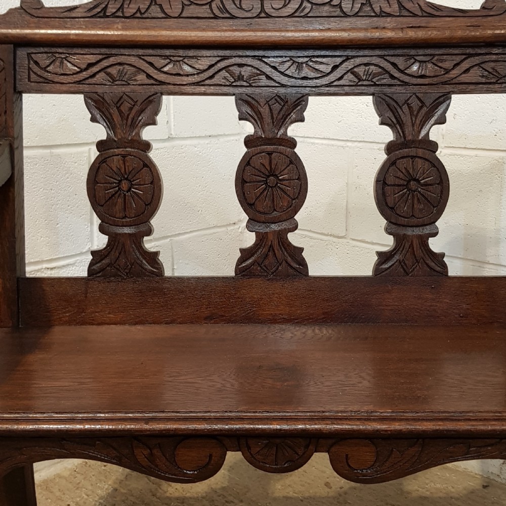 ANTIQUE VICTORIAN CARVED OAK SMALL HALL SEAT BENCH C1880 View VII