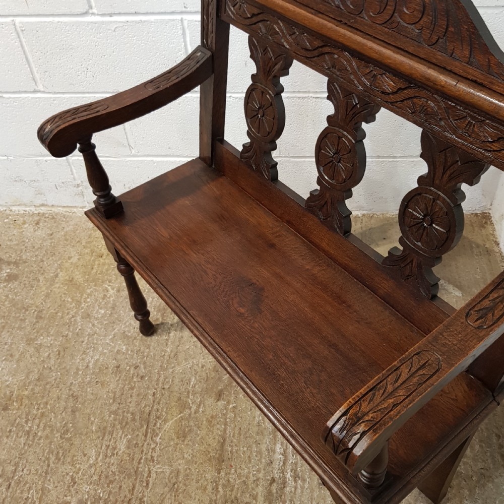 ANTIQUE VICTORIAN CARVED OAK SMALL HALL SEAT BENCH C1880 View VIII