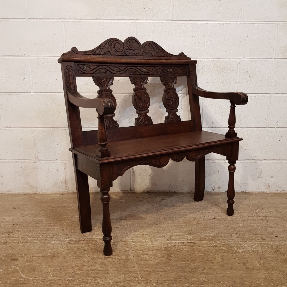 ANTIQUE VICTORIAN CARVED OAK SMALL HALL SEAT BENCH C1880 View X