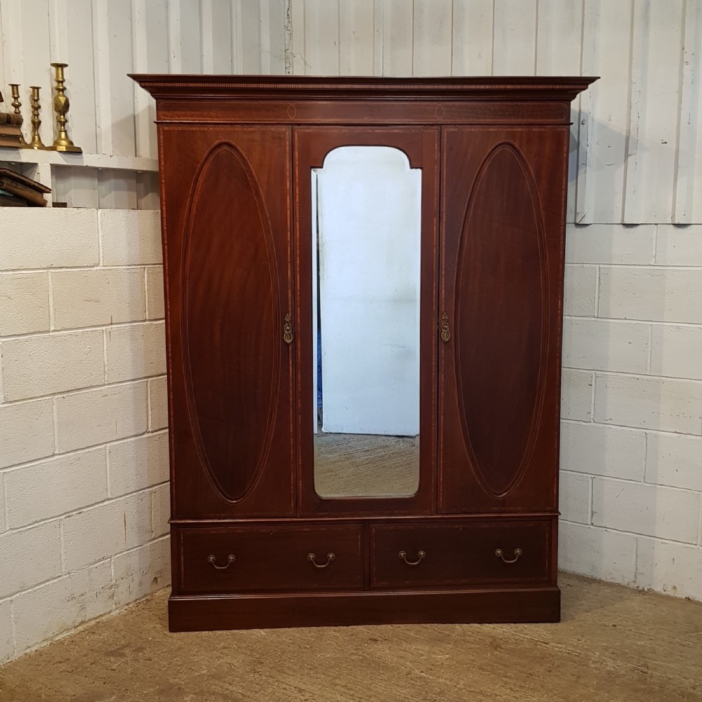 ANTIQUE EDWARDIAN MAHOGANY INLAID TRIPLE WARDROBE C1900 View V