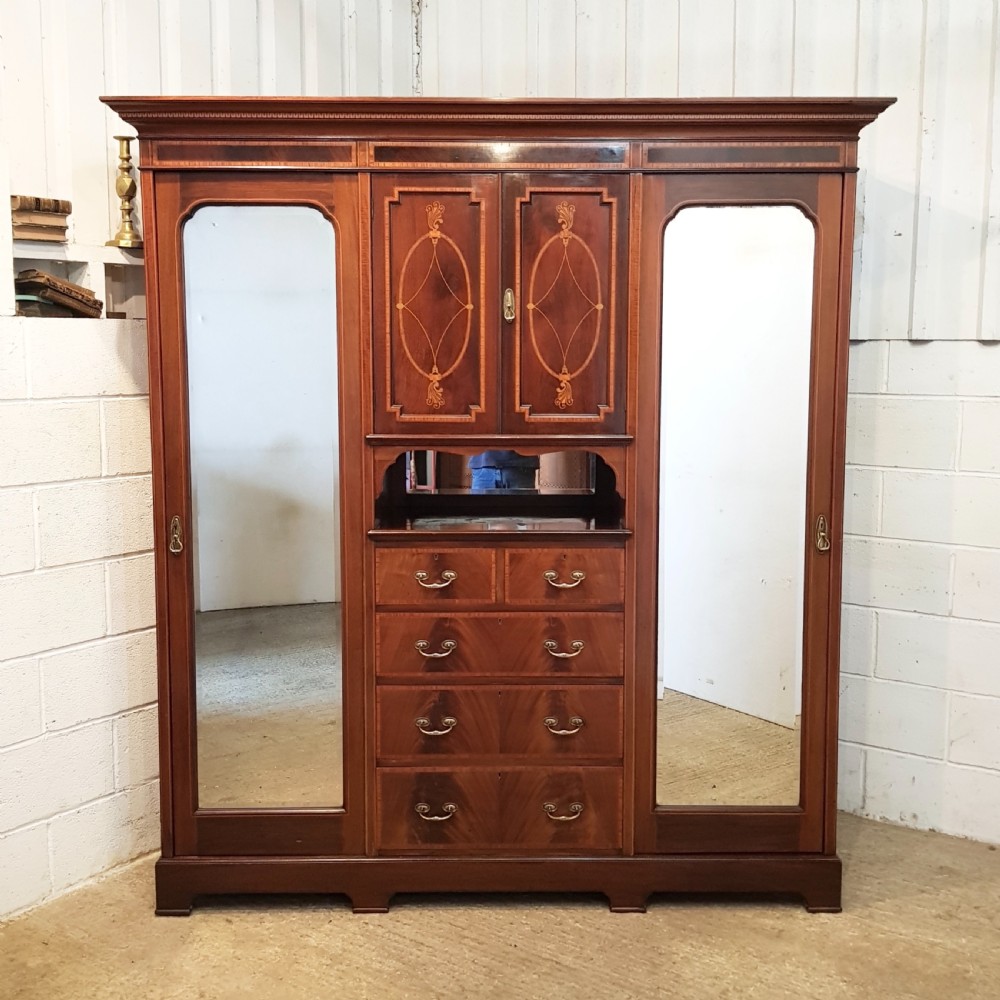 ANTIQUE EDWARDIAN INLAID MAHOGANY TRIPLE WARDROBE C1900 View II