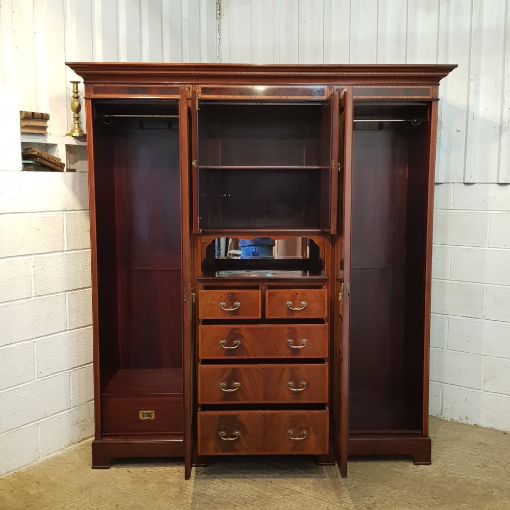 ANTIQUE EDWARDIAN INLAID MAHOGANY TRIPLE WARDROBE C1900 View VI